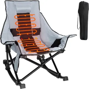 Slendor Oversized Rocking Camping Chair, Heated Camping Chair with 3 Heat Levels, Portable Outdoor Rocker Chair, High Back, Pillow, Carry Bag, Padded, Supports 330 lbs, Grey