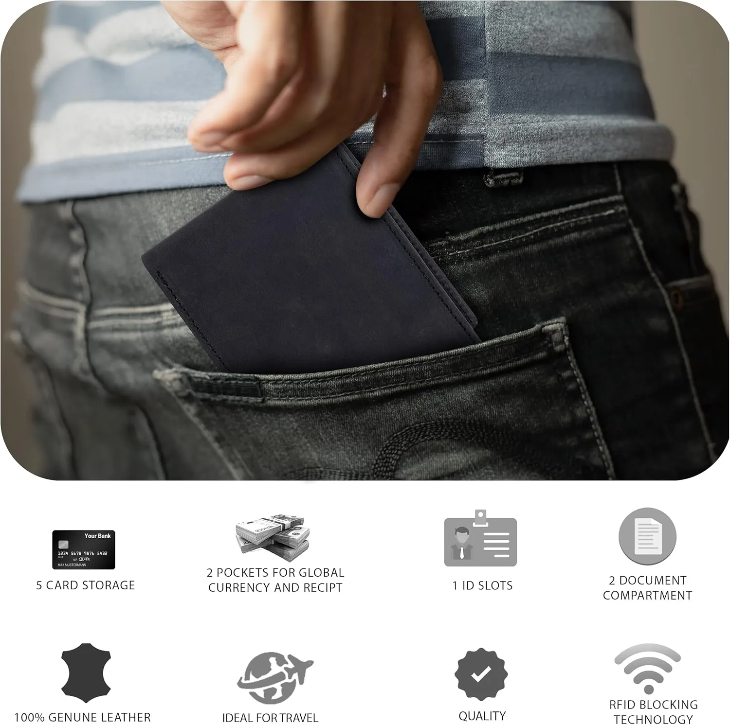 Slim Leather Wallet for Men - RFID Blocking Slim Minimalist Front Pocket - Thin & Stylish with ID Window, Gift For Men