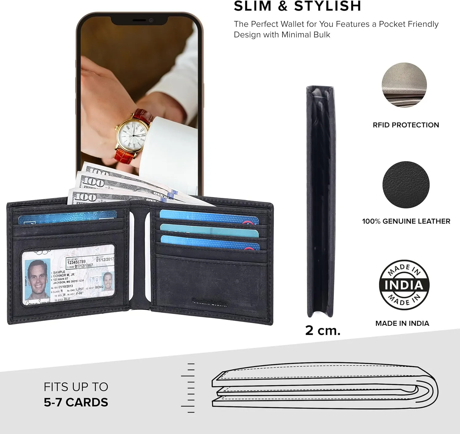 Slim Leather Wallet for Men - RFID Blocking Slim Minimalist Front Pocket - Thin & Stylish with ID Window, Gift For Men