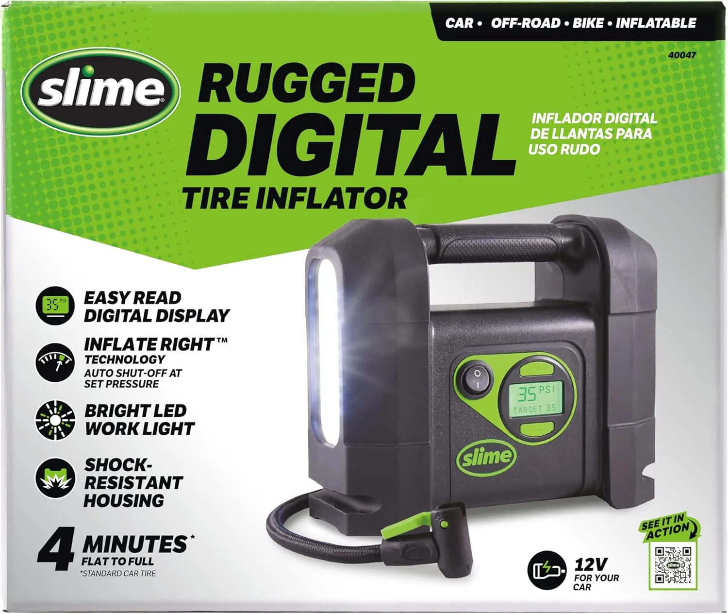 Slime 40047 Tire Inflator, Portable Car Air Compressor, Rugged, Inflate Right Automatic Shut Off, with Digital 99 psi Display, Long Hose and LED Light, 12V, 4 min Inflation