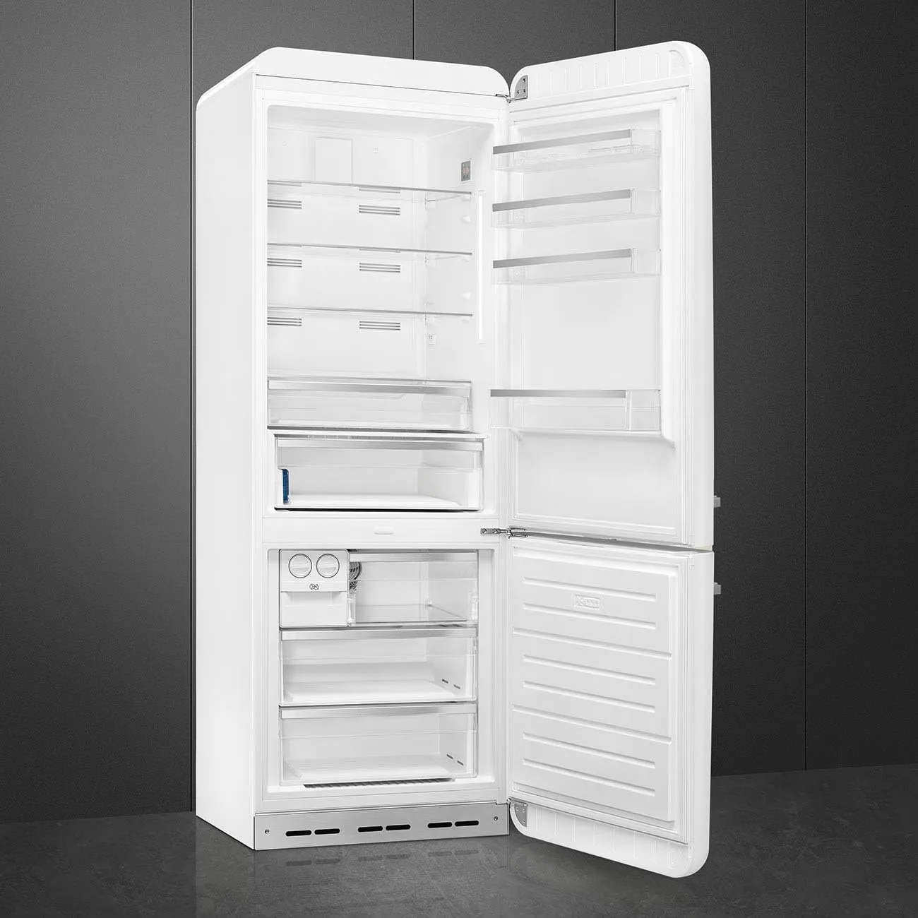 Smeg FAB28 50's Retro Style Top Freezer Refrigerator with 9.92 Cu Total Capacity, Multiflow Cooling System, Adjustable Glass Shelves 24-Inches, White Right Hand Hinge Made In Italy