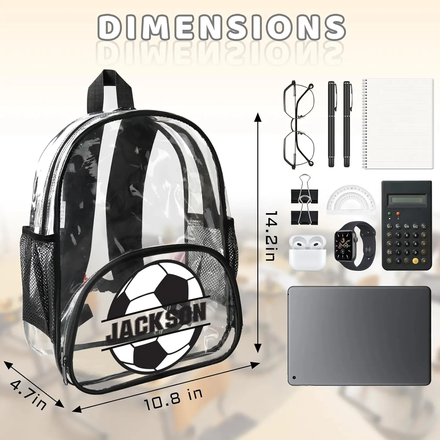 Soccer Clear Bookbag, Personalized Name Transparent Black Backpack, Custom See Through Travel Sport Plastic Back Pack PVC with Reinforced Strap, Waterproof