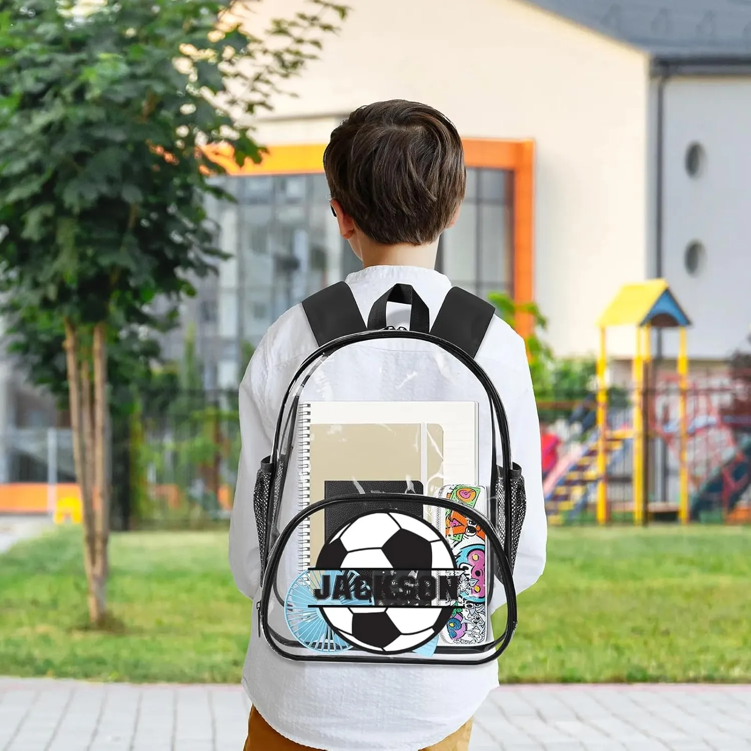 Soccer Clear Bookbag, Personalized Name Transparent Black Backpack, Custom See Through Travel Sport Plastic Back Pack PVC with Reinforced Strap, Waterproof