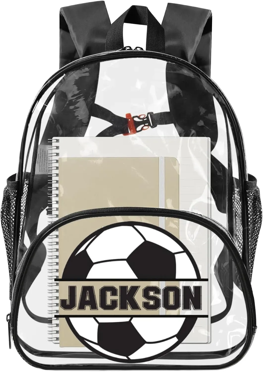 Soccer Clear Bookbag, Personalized Name Transparent Black Backpack, Custom See Through Travel Sport Plastic Back Pack PVC with Reinforced Strap, Waterproof