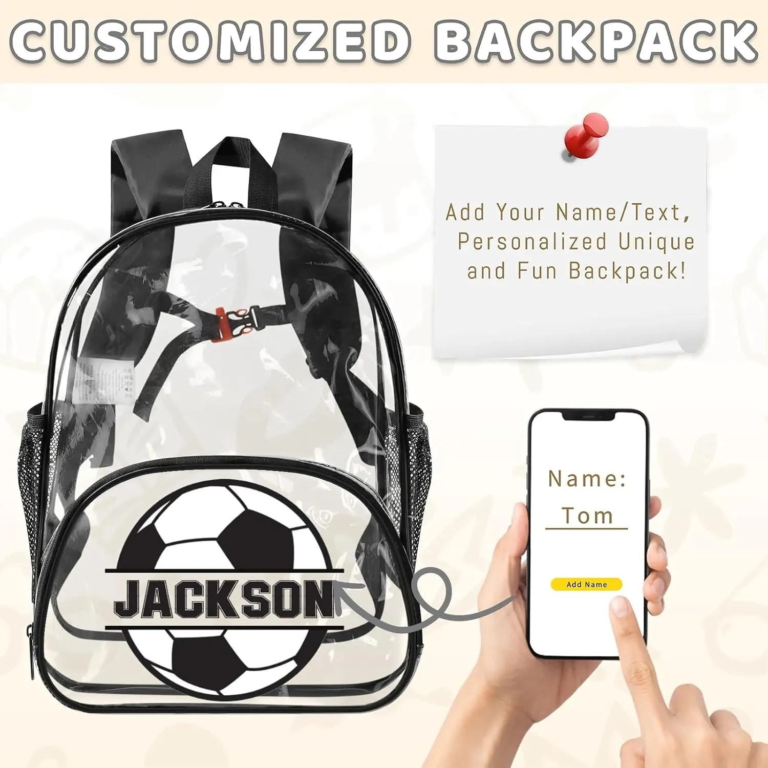 Soccer Clear Bookbag, Personalized Name Transparent Black Backpack, Custom See Through Travel Sport Plastic Back Pack PVC with Reinforced Strap, Waterproof