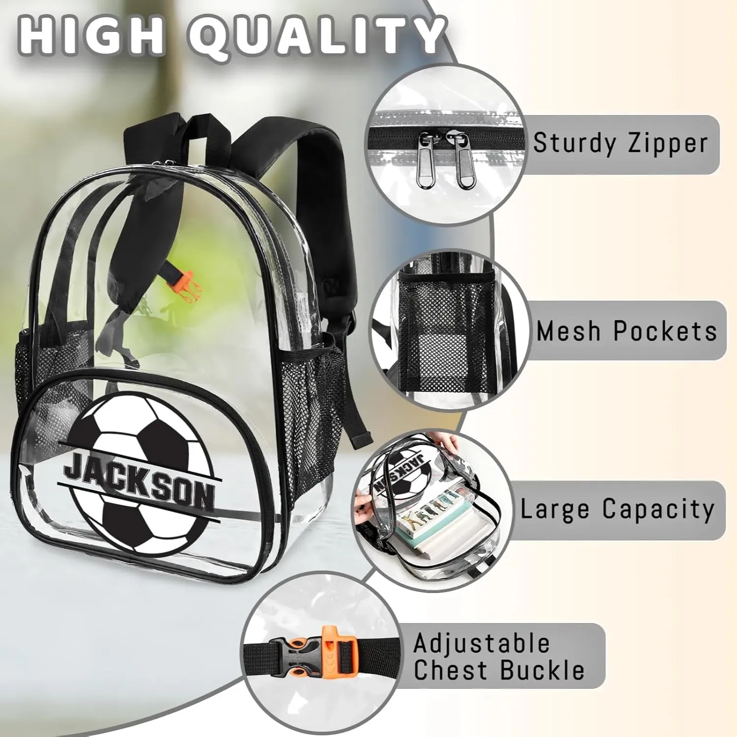 Soccer Clear Bookbag, Personalized Name Transparent Black Backpack, Custom See Through Travel Sport Plastic Back Pack PVC with Reinforced Strap, Waterproof