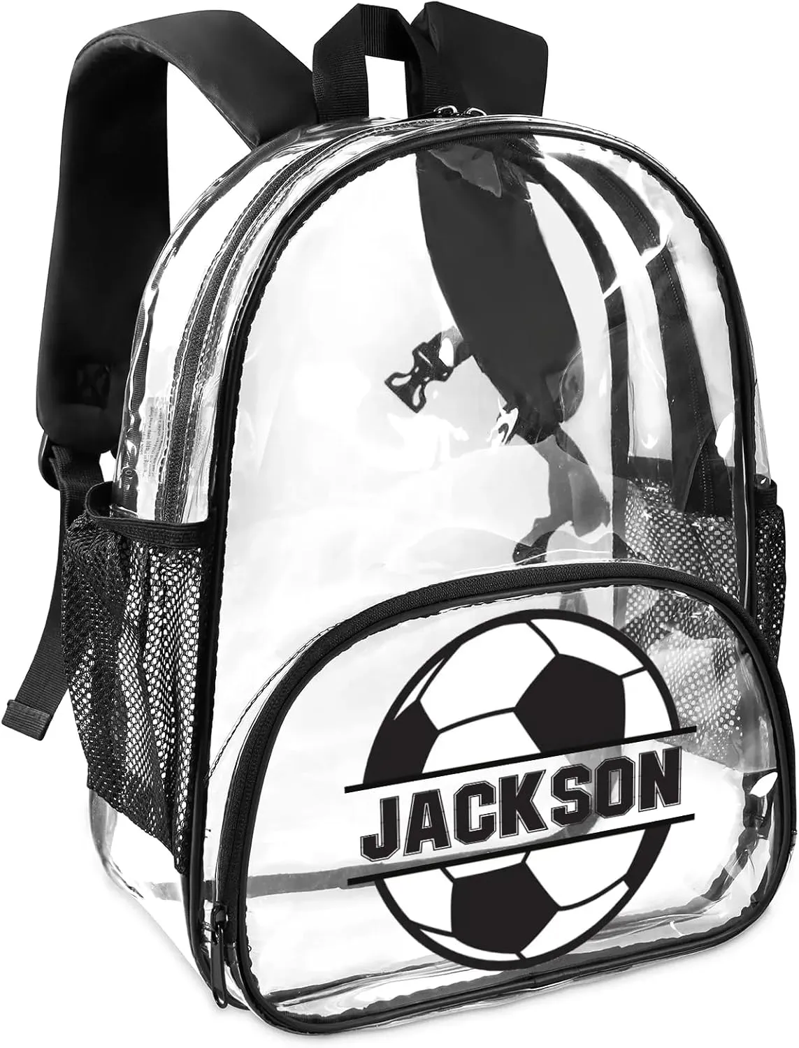 Soccer Clear Bookbag, Personalized Name Transparent Black Backpack, Custom See Through Travel Sport Plastic Back Pack PVC with Reinforced Strap, Waterproof
