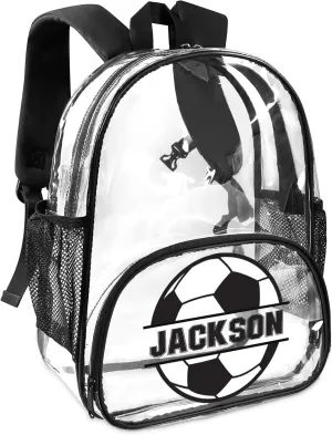 Soccer Clear Bookbag, Personalized Name Transparent Black Backpack, Custom See Through Travel Sport Plastic Back Pack PVC with Reinforced Strap, Waterproof