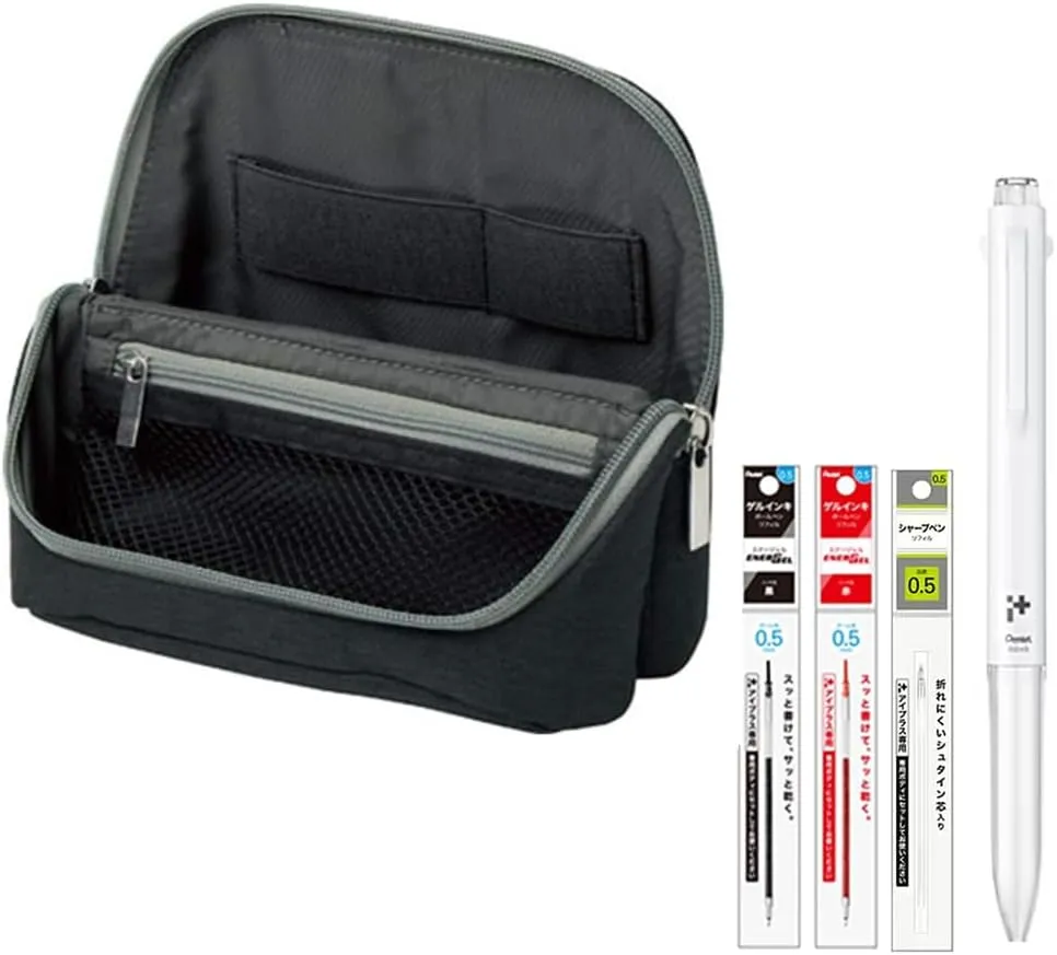 Sonic Utlim Sma-Sta Wide Mobile Standing Case and Pentel i  Pen Body   3 Set Refill Bundle, Workspace Bag, Converts Into Stand for Smartphone, Stationery, Tech Accessories, and More, UT-1846-D, Black