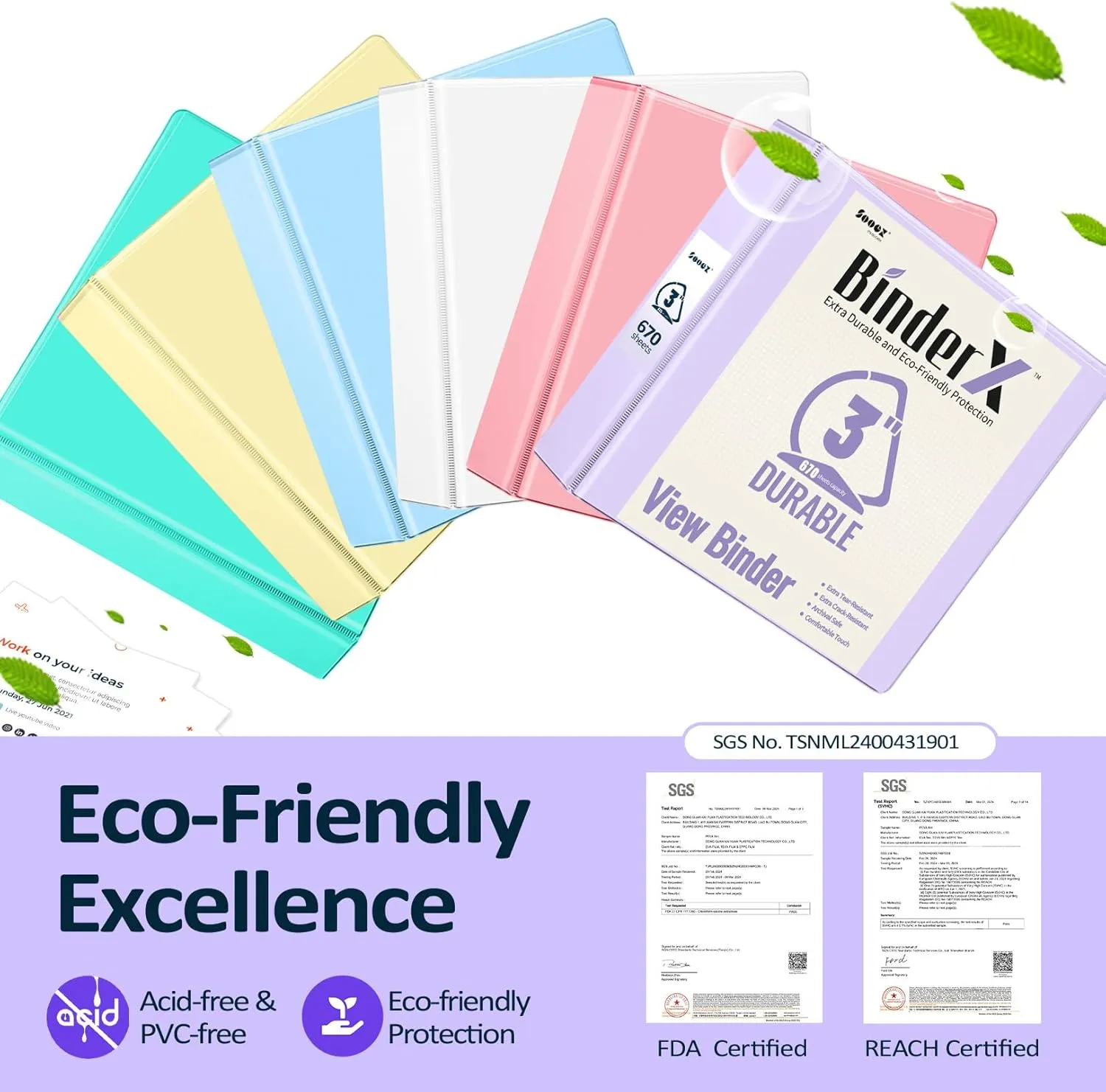 Sooez BinderX Extra Durable 3 Inch 3 Ring Binder, D-Ring Large Binders, Holds 670 Sheets of 8.5x11 Paper, Customizable View Cover with 2 Inside Pockets, School & Office Supplies, Lavender