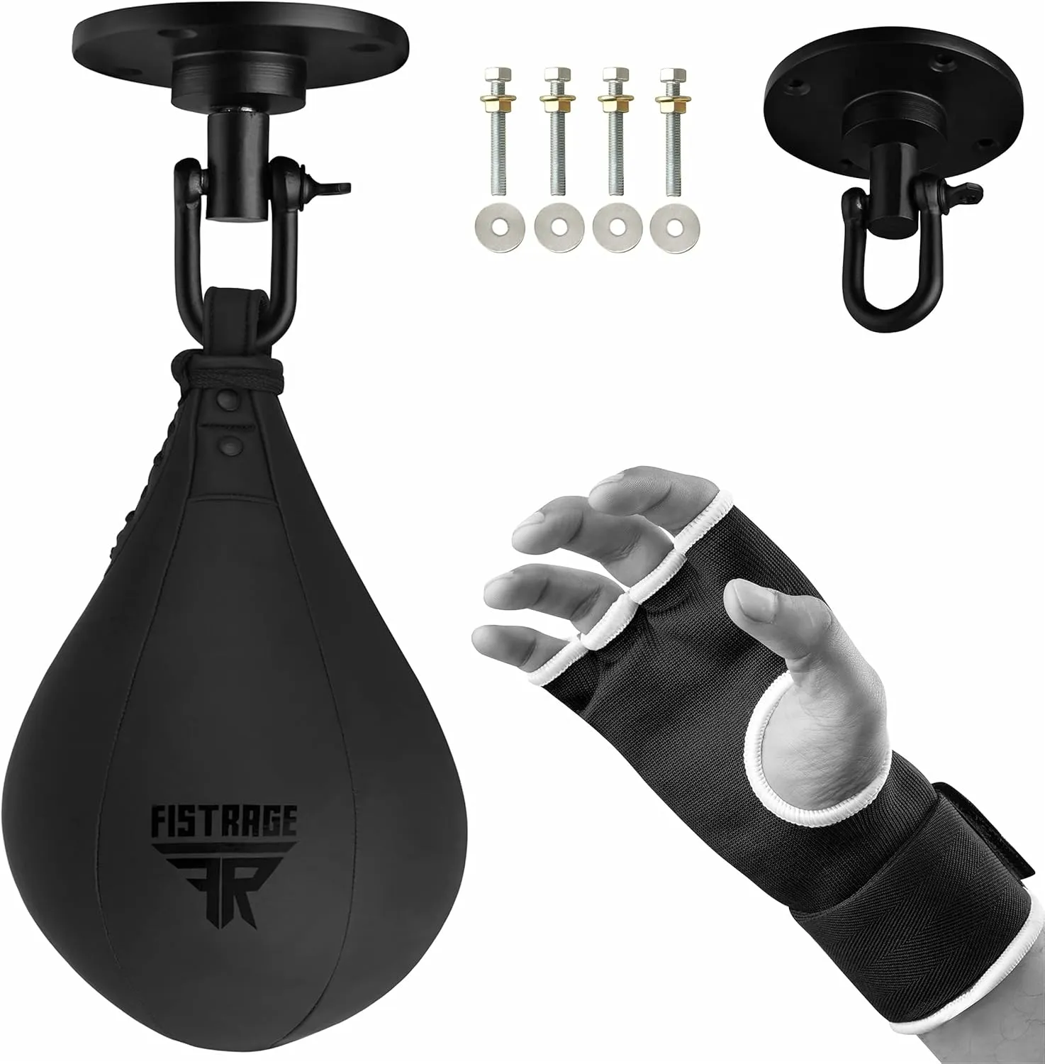 Speed Ball Boxing Hand Wraps MMA Muay Thai Training Punching Dodge Striking Bag Leather Kit Hanging Swivel Workout Speedball Kicking with Mitt (Black)