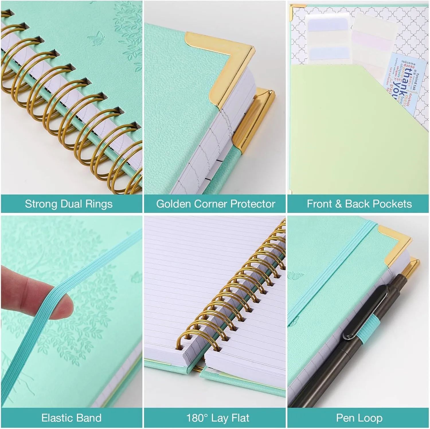 Spiral Notebook, College Ruled Notebook, A5, 300 Pages Leather Journals for Writing, 5.7" x 8.5", Hardcover Journaling Notebooks for Work School, 24pcs Tabs, Large Embossed Journal for Women Men, Teal