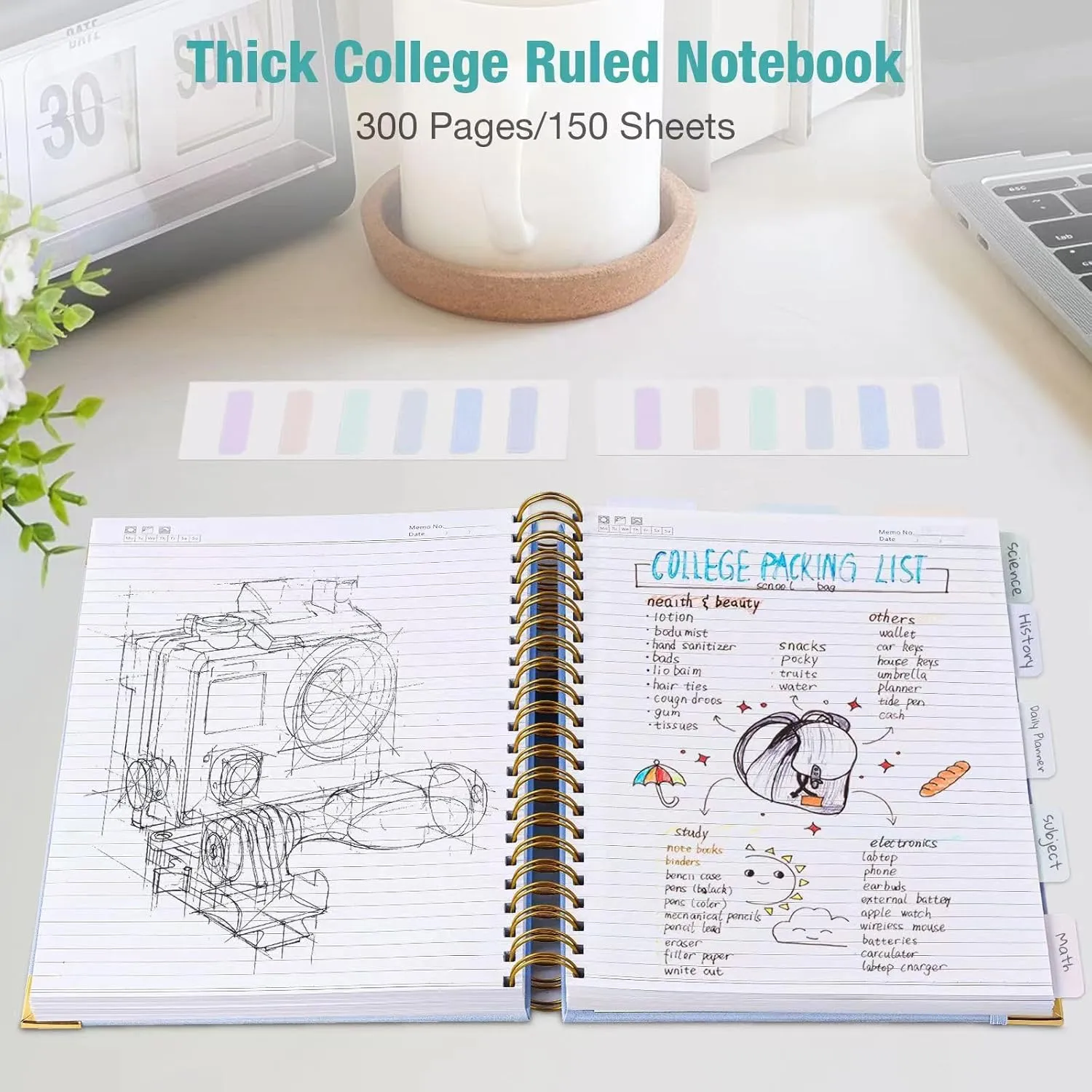 Spiral Notebook, College Ruled Notebook, A5, 300 Pages Leather Journals for Writing, 5.7" x 8.5", Hardcover Journaling Notebooks for Work School, 24pcs Tabs, Large Embossed Journal for Women Men, Teal