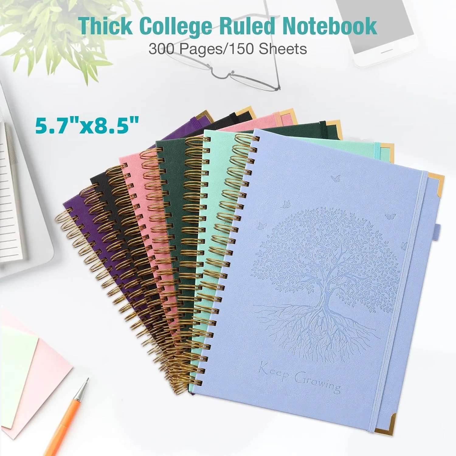 Spiral Notebook, College Ruled Notebook, A5, 300 Pages Leather Journals for Writing, 5.7" x 8.5", Hardcover Journaling Notebooks for Work School, 24pcs Tabs, Large Embossed Journal for Women Men, Teal