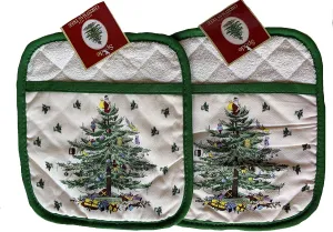 Spode 2 Pc Christmas Tree Pot Holders Oven Mitt Square Bundle