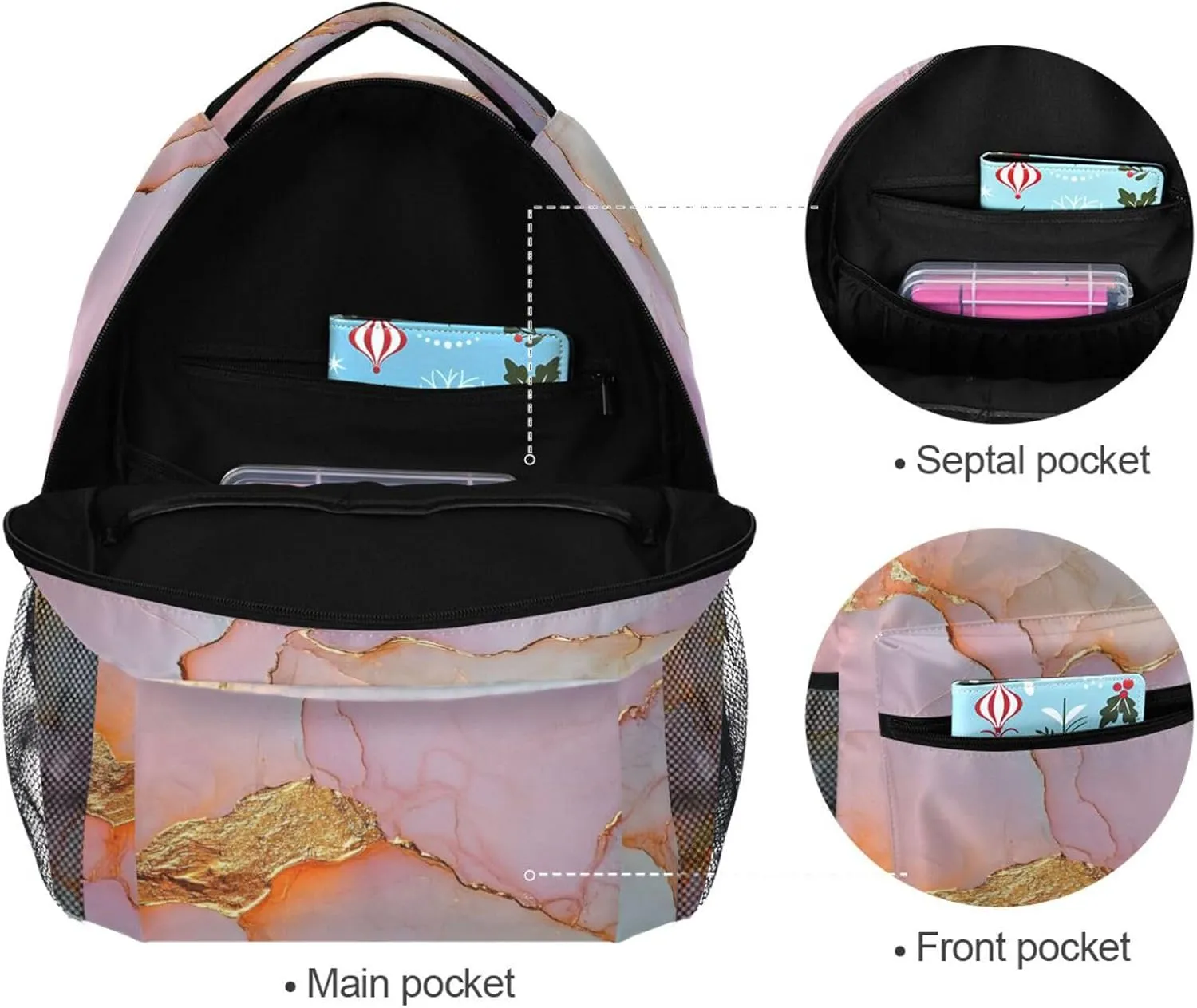 Sport Backpack for Men Women Fashion Personal Backpack with Chest Strap for Travel Trip Marble White Blush