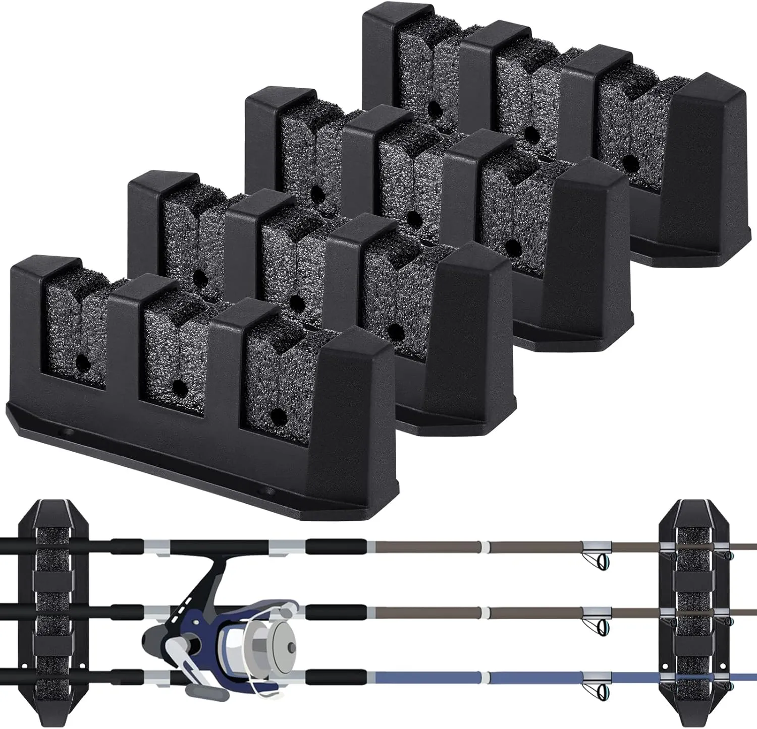 Sratte 4 Pieces Fishing Rod Holder Wall Mount Fishing Pole Holders for Boats 3 Rod Black Horizontal Garage Wall Pole Rack Summer Boat Accessories for Men Gifts, 7.8 Inch