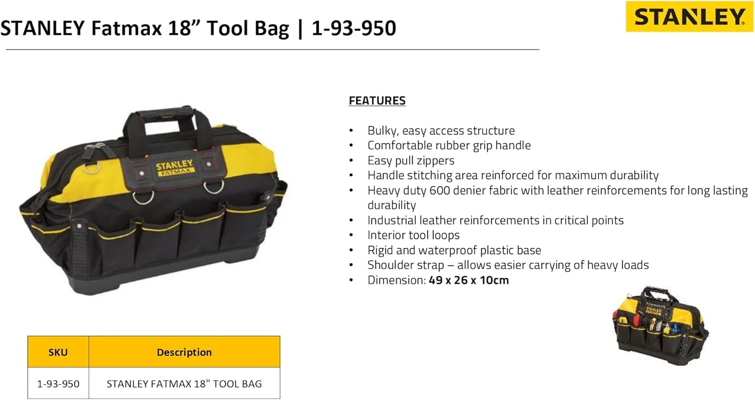 STANLEY FATMAX Technician Tool Bag, Heavy Duty 600 Denier and Leather, Multifunctional Tool Storage Organiser, 18 Inch, Black/Yellow, 1-93-950