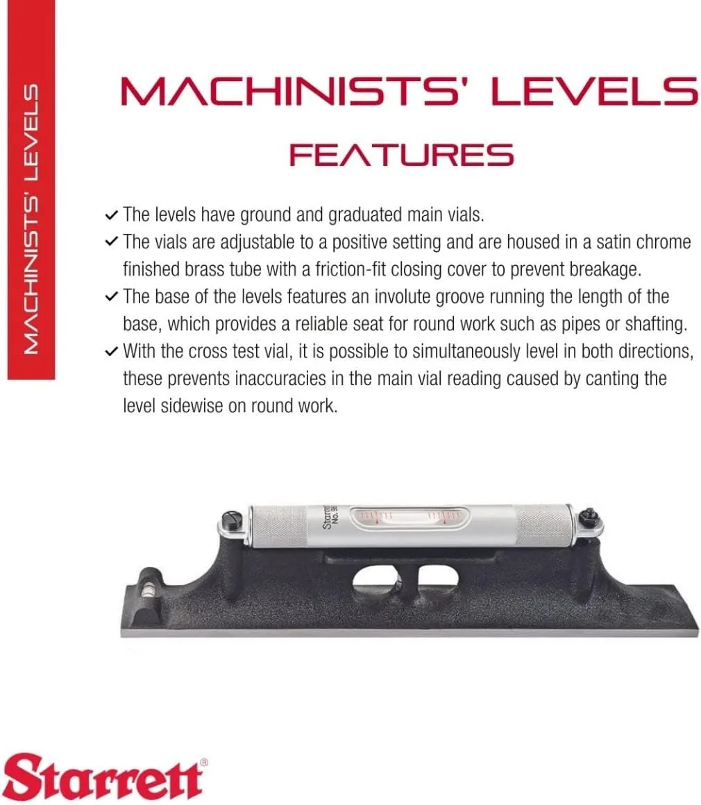 Starrett Machinists Level with Ground and Graduated Vial - Ideal for Machinists, Electricians, and Plumbers - 12-Inch Base Length, 80-90 seconds or .005-Inch Per Foot Accuracy - 98-12
