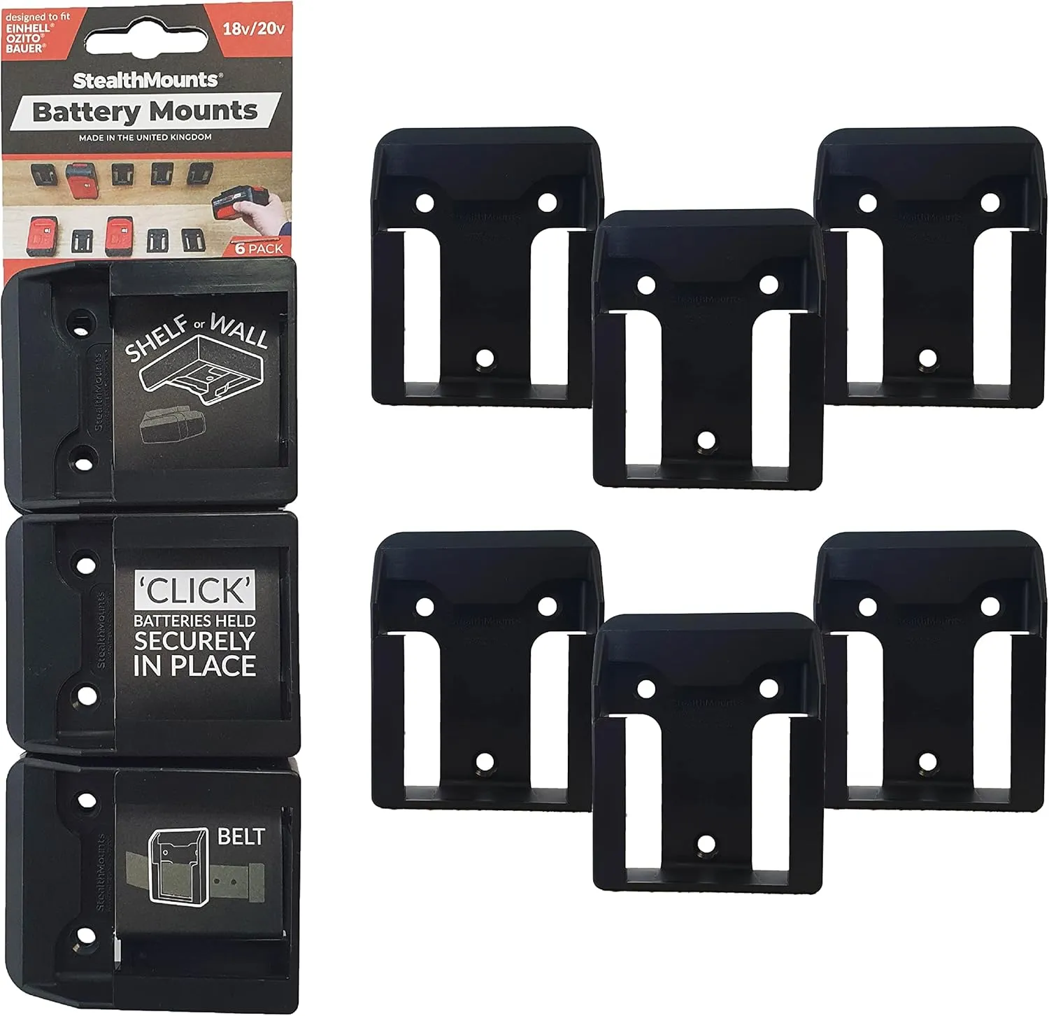 StealthMounts Battery Holder Compatible with Bauer 20V (6 Pack) - Black | StealthMounts Battery Mounts | Made in the UK
