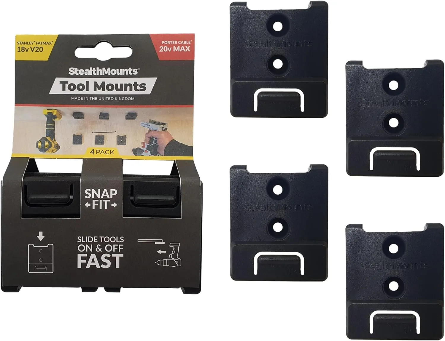 StealthMounts Tool Holder Compatible with Porter Cable 20V (4 Pack) - Black | StealthMounts Locking Tool Mounts | Made in The UK