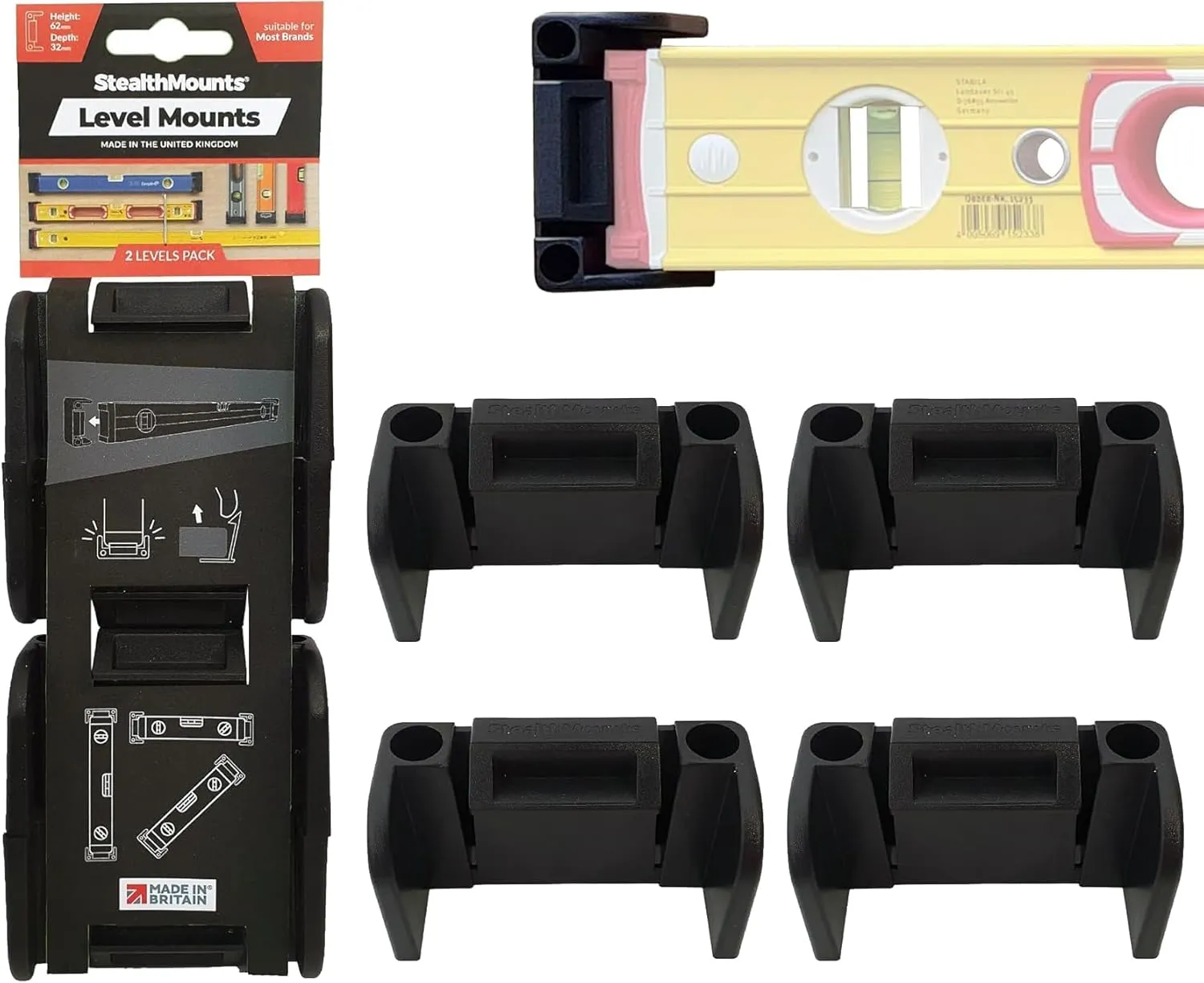 StealthMounts Universal Level Holder - 2 Pack | Locking Level Mounts | Fits All Brands | Level Holder Mount | Level Holders | Level Holder for Truck | Level Mount | Level Hanger | Made in the UK