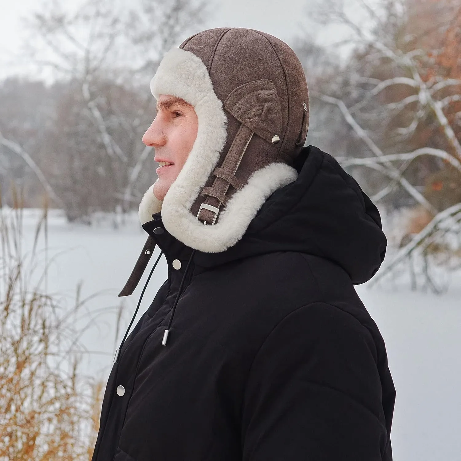 Sterkowski Trapper Cap | Genuine Shearling Leather Aviator Cap | Warm Natural Leather Trapper Hat