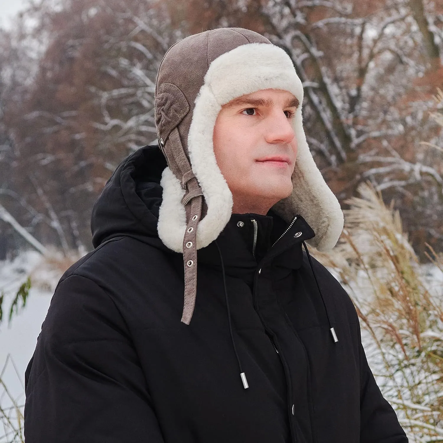 Sterkowski Trapper Cap | Genuine Shearling Leather Aviator Cap | Warm Natural Leather Trapper Hat
