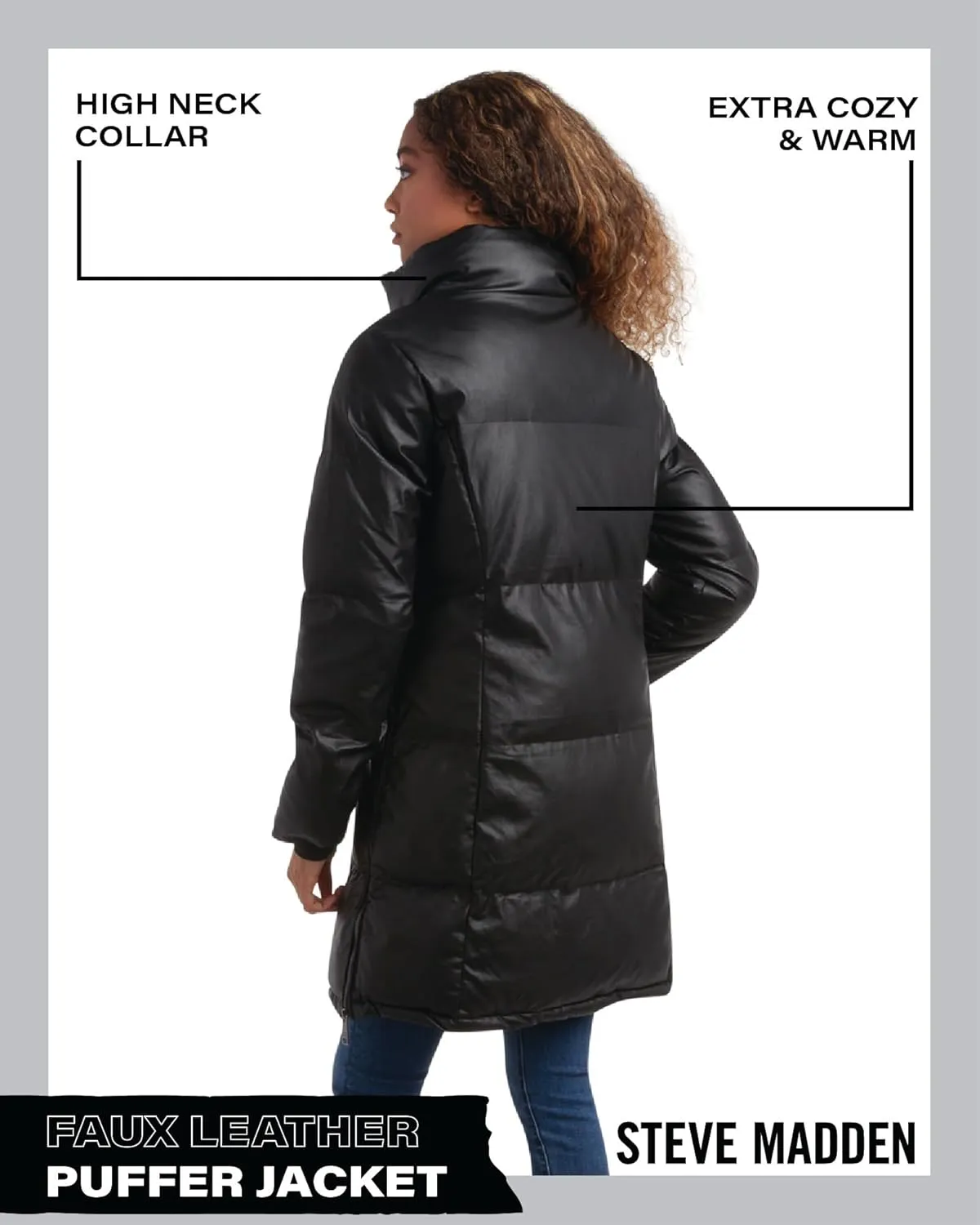 Steve Madden Women's Long Puffer Jacket - Quilted Faux Leather Weather-Resistant Insulated Winter Coat for Women (Sizes:S-XL)