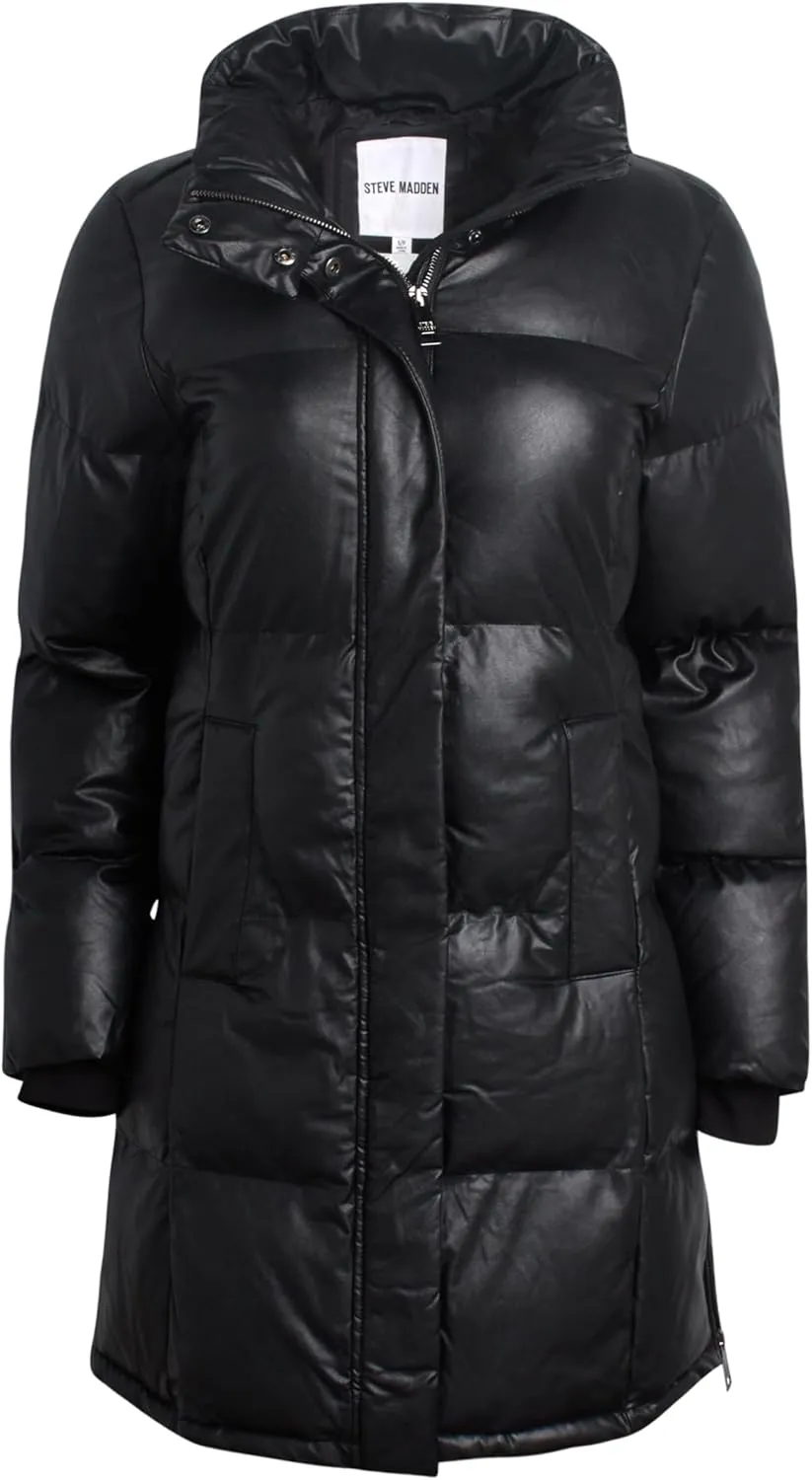 Steve Madden Women's Long Puffer Jacket - Quilted Faux Leather Weather-Resistant Insulated Winter Coat for Women (Sizes:S-XL)
