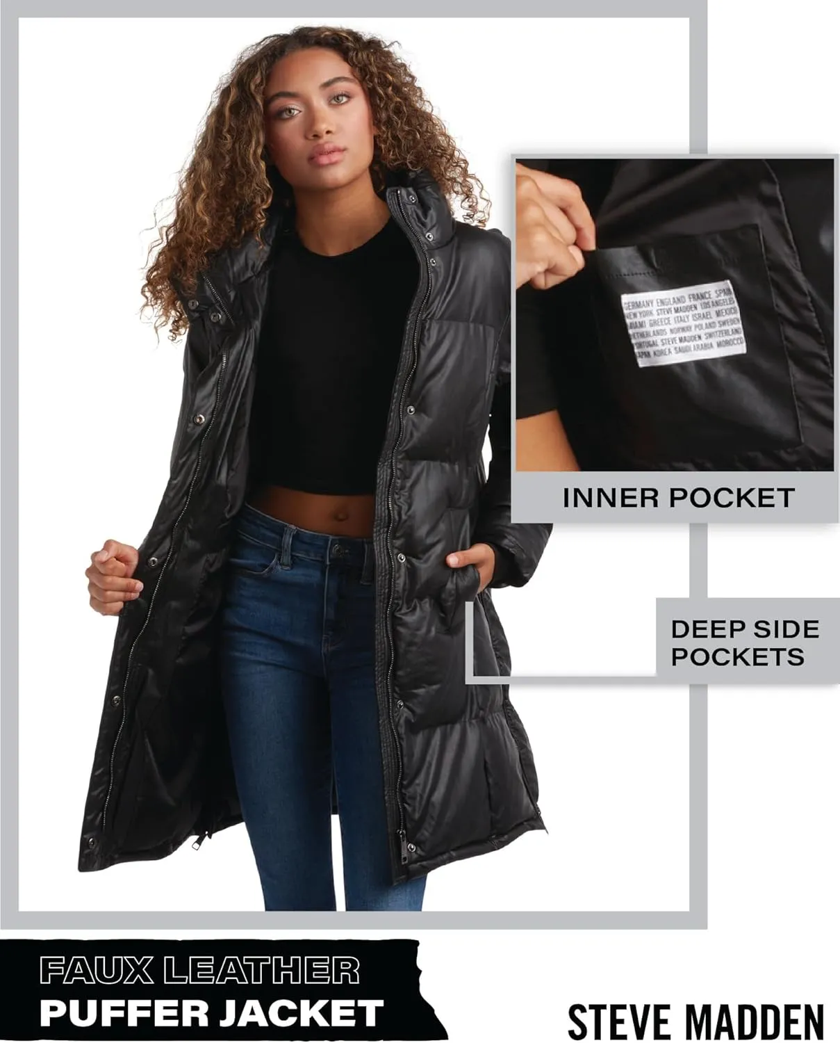 Steve Madden Women's Long Puffer Jacket - Quilted Faux Leather Weather-Resistant Insulated Winter Coat for Women (Sizes:S-XL)