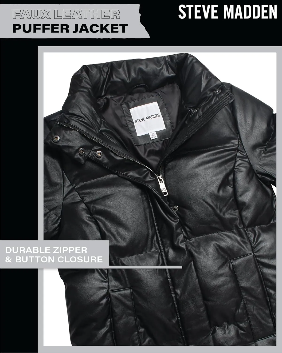 Steve Madden Women's Long Puffer Jacket - Quilted Faux Leather Weather-Resistant Insulated Winter Coat for Women (Sizes:S-XL)