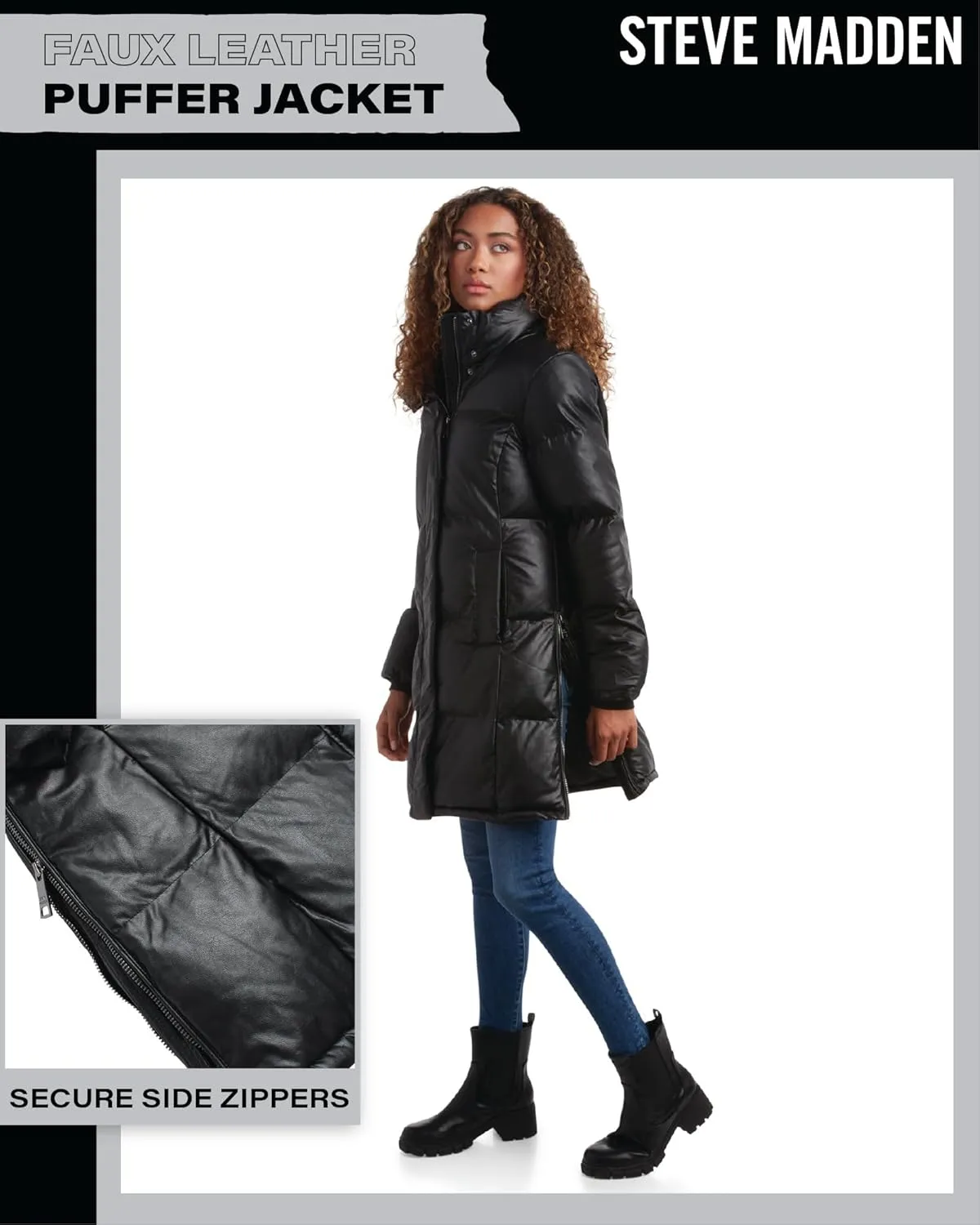 Steve Madden Women's Long Puffer Jacket - Quilted Faux Leather Weather-Resistant Insulated Winter Coat for Women (Sizes:S-XL)