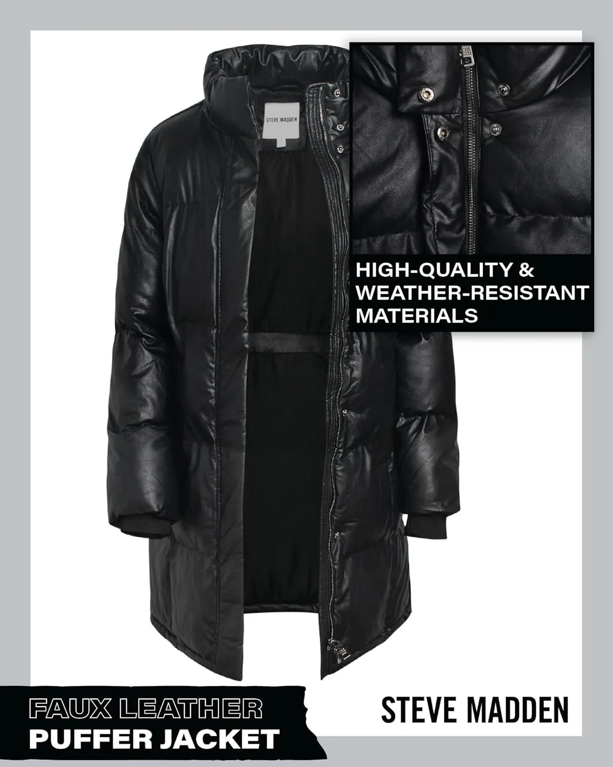 Steve Madden Women's Long Puffer Jacket - Quilted Faux Leather Weather-Resistant Insulated Winter Coat for Women (Sizes:S-XL)