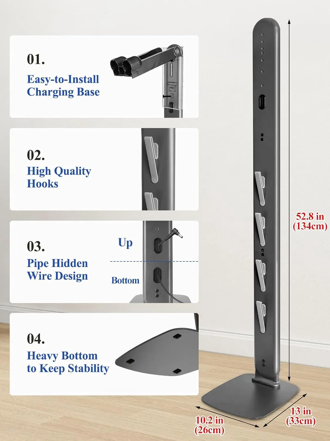 Sturdy Metal Vacuum Stand Compatible with Dyson Gen5 V15 V12 V11 V10 V8 V7 V6, Freestanding Bracket Standing Holder with Hidden Cable Design, Space-Saving Storage Rack for Cordless Vacuums
