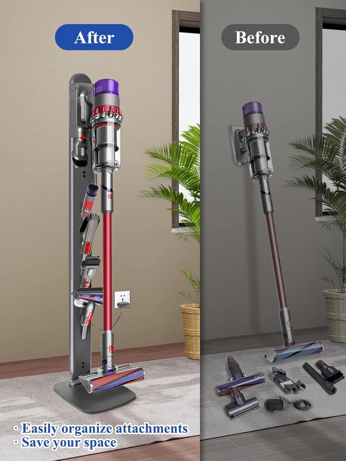 Sturdy Metal Vacuum Stand Compatible with Dyson Gen5 V15 V12 V11 V10 V8 V7 V6, Freestanding Bracket Standing Holder with Hidden Cable Design, Space-Saving Storage Rack for Cordless Vacuums