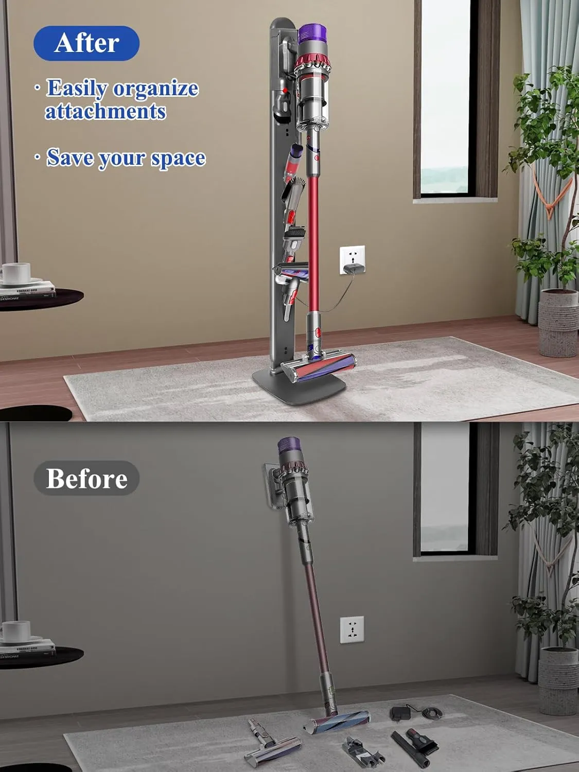 Sturdy Metal Vacuum Stand Compatible with Dyson Gen5 V15 V12 V11 V10 V8 V7 V6, Freestanding Bracket Standing Holder with Hidden Cable Design, Space-Saving Storage Rack for Cordless Vacuums
