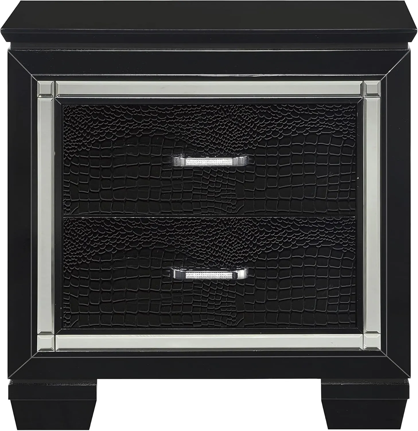 Stylish and Glamorous Black Finish Nightstand with 2 Dovetail Drawers, Faux Alligator Embossed Fronts, Modern Design