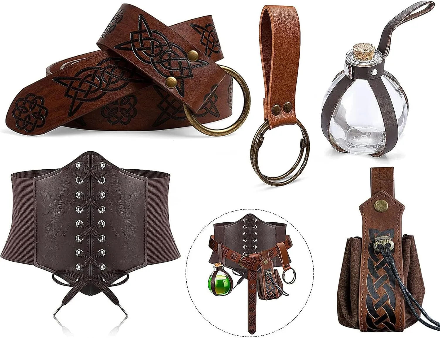 SUMGOGO 5PCS Corset Renaissance Belt Medieval Renaissance Belt Pouch Cork Potion Bottle Festival Halloween Costume Accessory