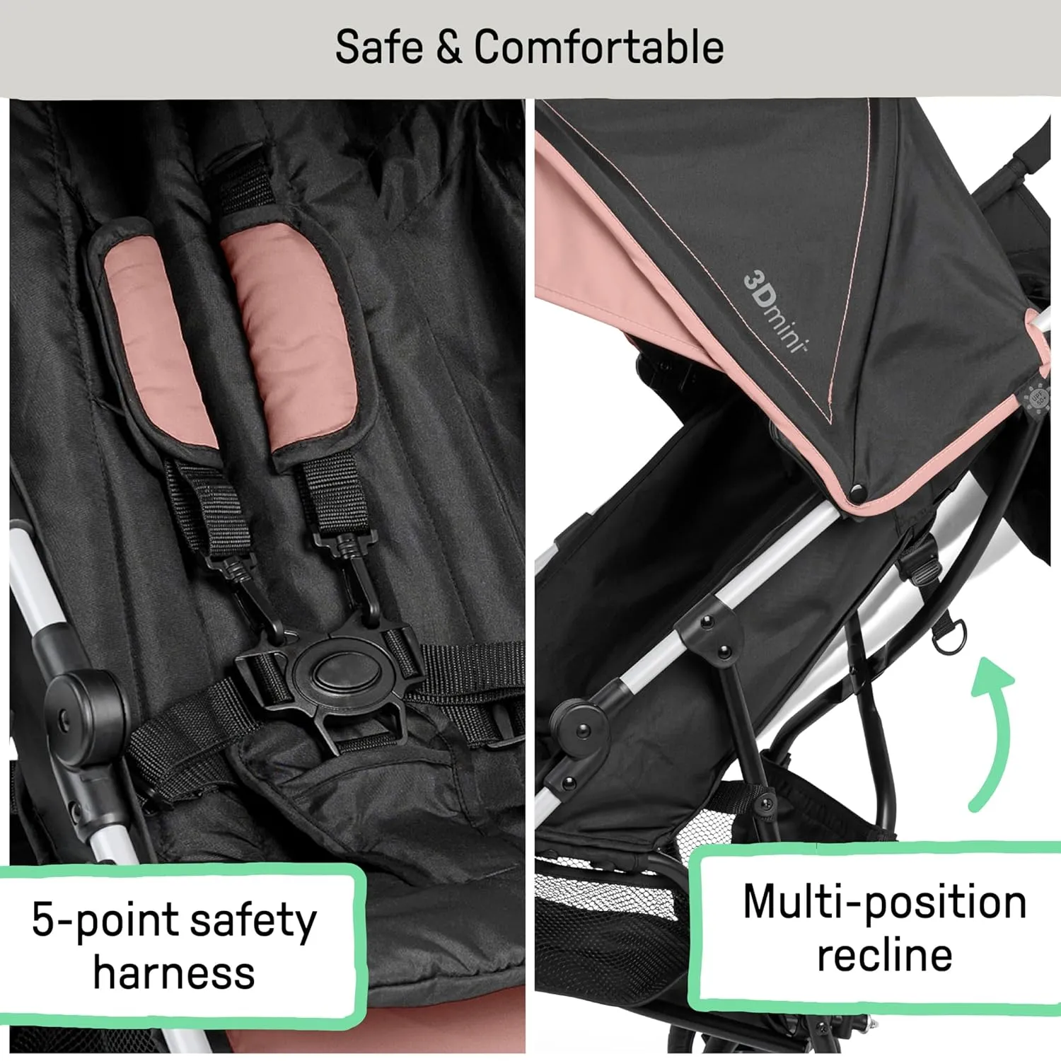 Summer by Ingenuity 3D Mini Convenience Stroller – Lightweight Stroller, Compact Fold, Multi-Position Recline, Canopy with Pop Out Sun Visor and More – Umbrella Stroller for Travel, Dusty Rose Pink