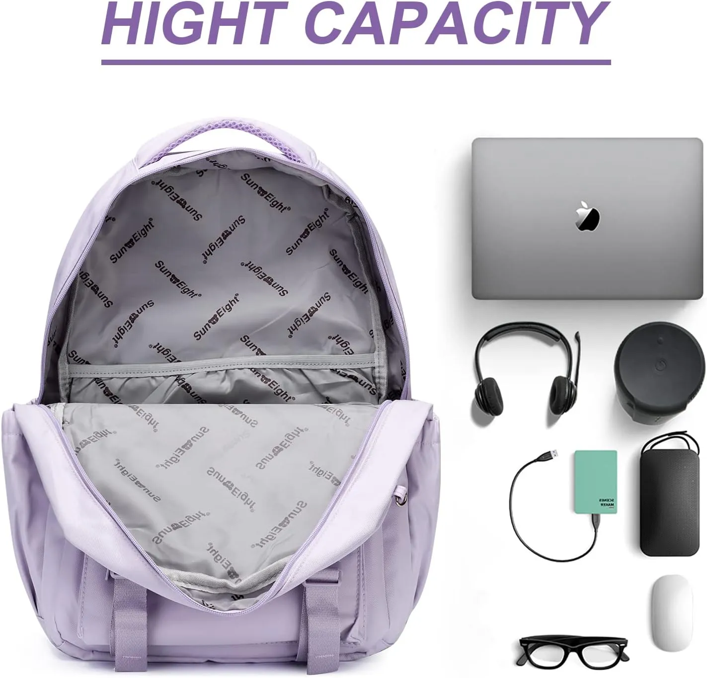 SUN EIGHT 35L Waterproof School Backpack for College, Lightweight Large Capacity Anti-Thief Travel Bag with Multi Pockets(Purple)
