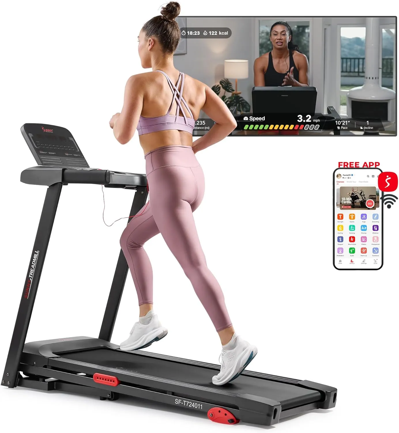 Sunny Health & Fitness Smart WiFi Treadmills – Compact, Foldable, Portable, Under Desk & Incline Options (Manual & Auto), Brushless Motor, & Bluetooth SunnyFit App, LED Display, Shock Absorption