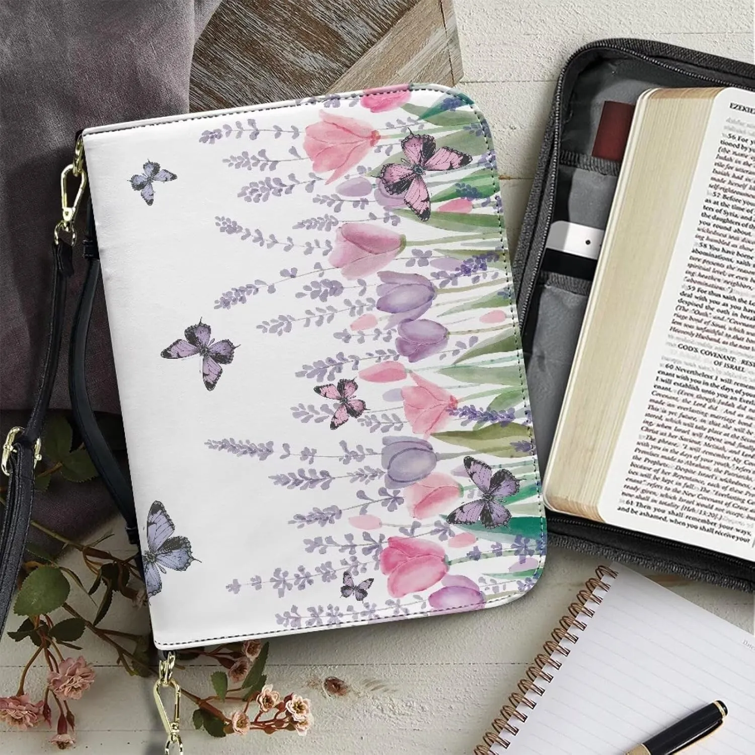 Suobstales Butterfly Tulip Lavender Print Bible Cover for Women Men PU Leather Book Carrying Case, Lightweight Church Bag Bible Protective Bible Tote Bag with Shoulder Strap for Notebook Tablet, XL