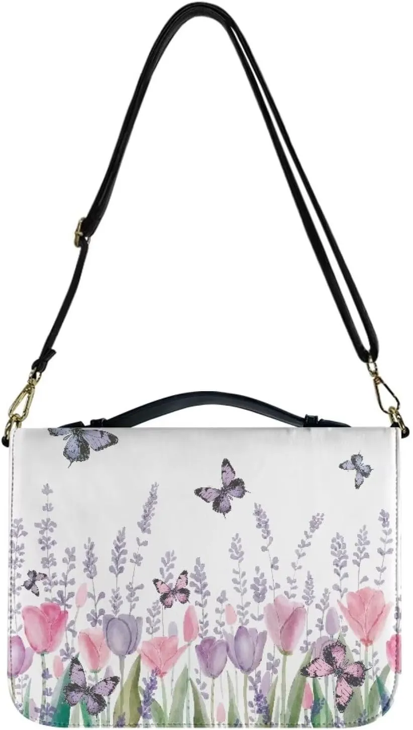 Suobstales Butterfly Tulip Lavender Print Bible Cover for Women Men PU Leather Book Carrying Case, Lightweight Church Bag Bible Protective Bible Tote Bag with Shoulder Strap for Notebook Tablet, XL
