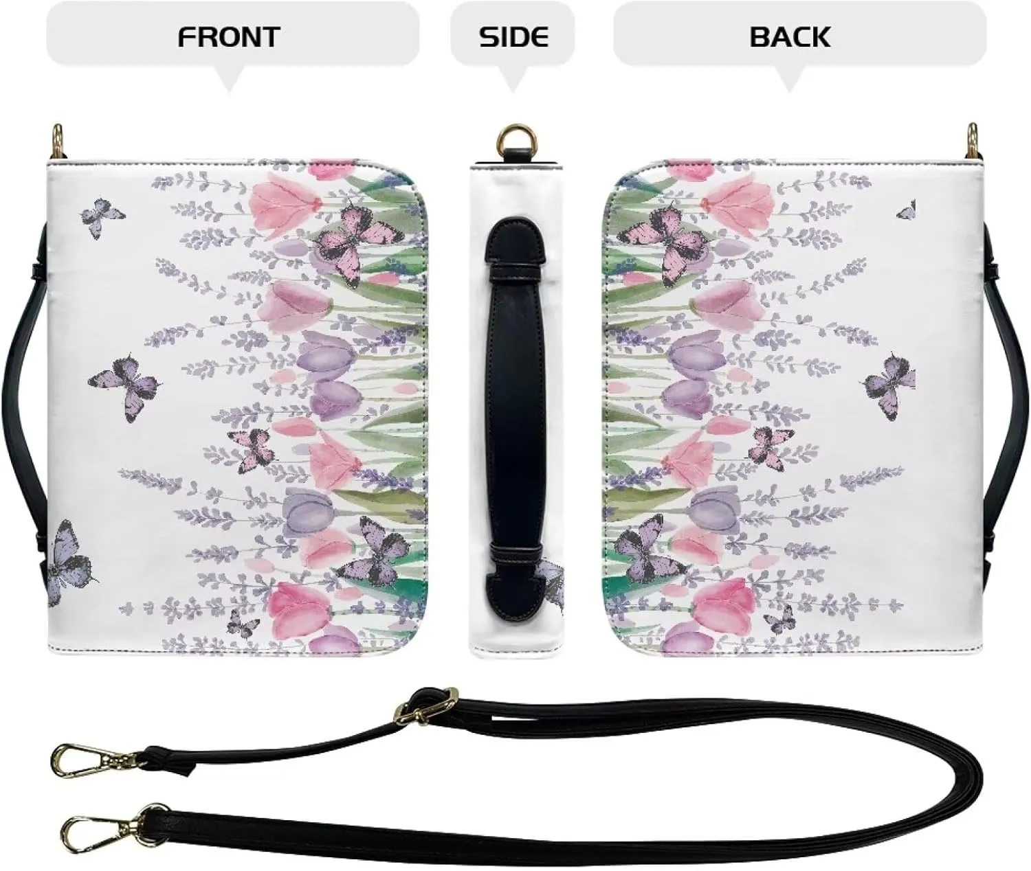 Suobstales Butterfly Tulip Lavender Print Bible Cover for Women Men PU Leather Book Carrying Case, Lightweight Church Bag Bible Protective Bible Tote Bag with Shoulder Strap for Notebook Tablet, XL