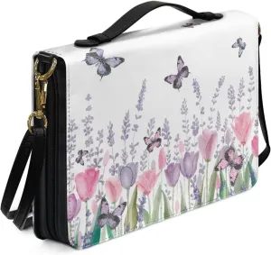 Suobstales Butterfly Tulip Lavender Print Bible Cover for Women Men PU Leather Book Carrying Case, Lightweight Church Bag Bible Protective Bible Tote Bag with Shoulder Strap for Notebook Tablet, XL
