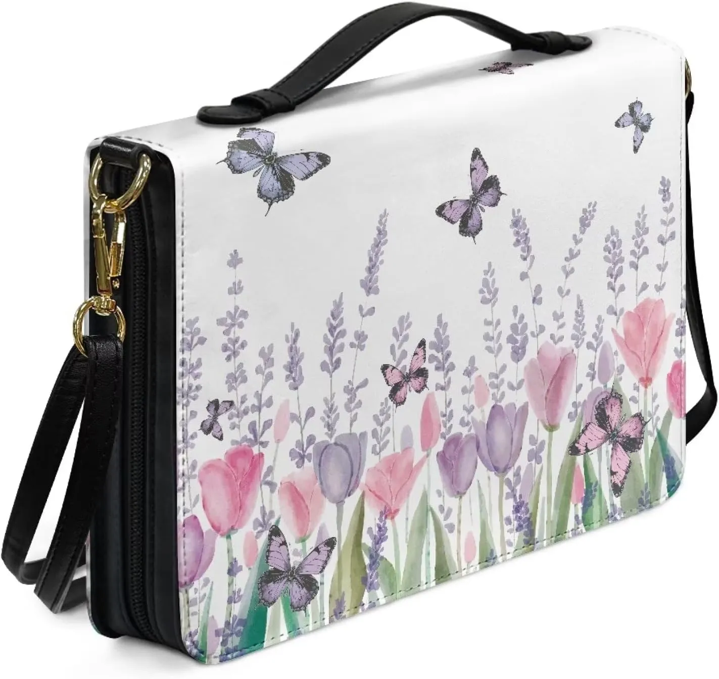 Suobstales Butterfly Tulip Lavender Print Bible Cover for Women Men PU Leather Book Carrying Case, Lightweight Church Bag Bible Protective Bible Tote Bag with Shoulder Strap for Notebook Tablet, XL