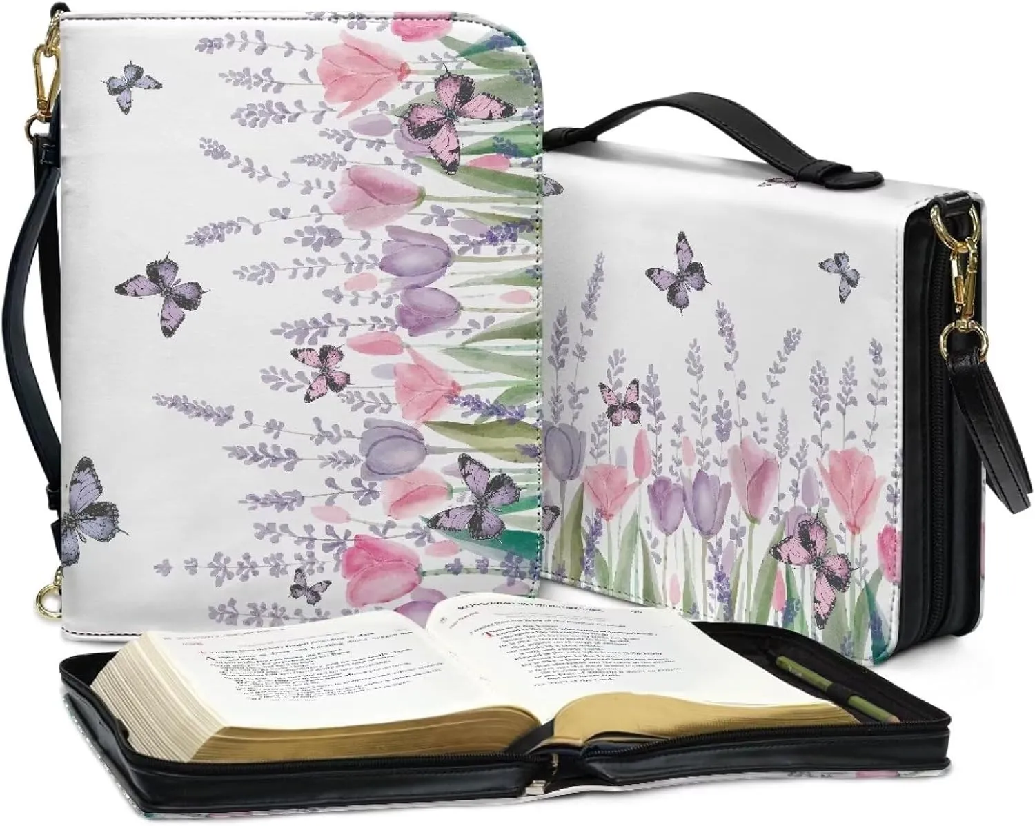 Suobstales Butterfly Tulip Lavender Print Bible Cover for Women Men PU Leather Book Carrying Case, Lightweight Church Bag Bible Protective Bible Tote Bag with Shoulder Strap for Notebook Tablet, XL