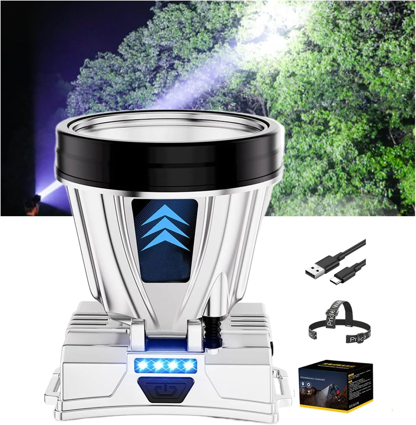 Super Bright Rechargeable High Power Headlamp - 2023 New USB Rechargeable LED Headlight Flashlight, Portable Lightweight Head Lamp with Power Bank Function for Outdoor Camping (A-White Light)