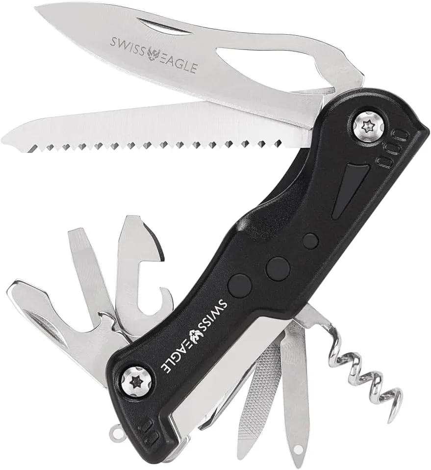 Swiss Eagle Premium Quality knives - Multi Tool Pocket Knife for Men - Folded 12 Functions Knife Black - navaja suiza